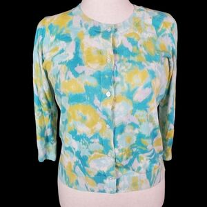 Talbots Cotton Colorful Floral Cartigan Button Lightweight Med Preppy 3/4 Sleeve